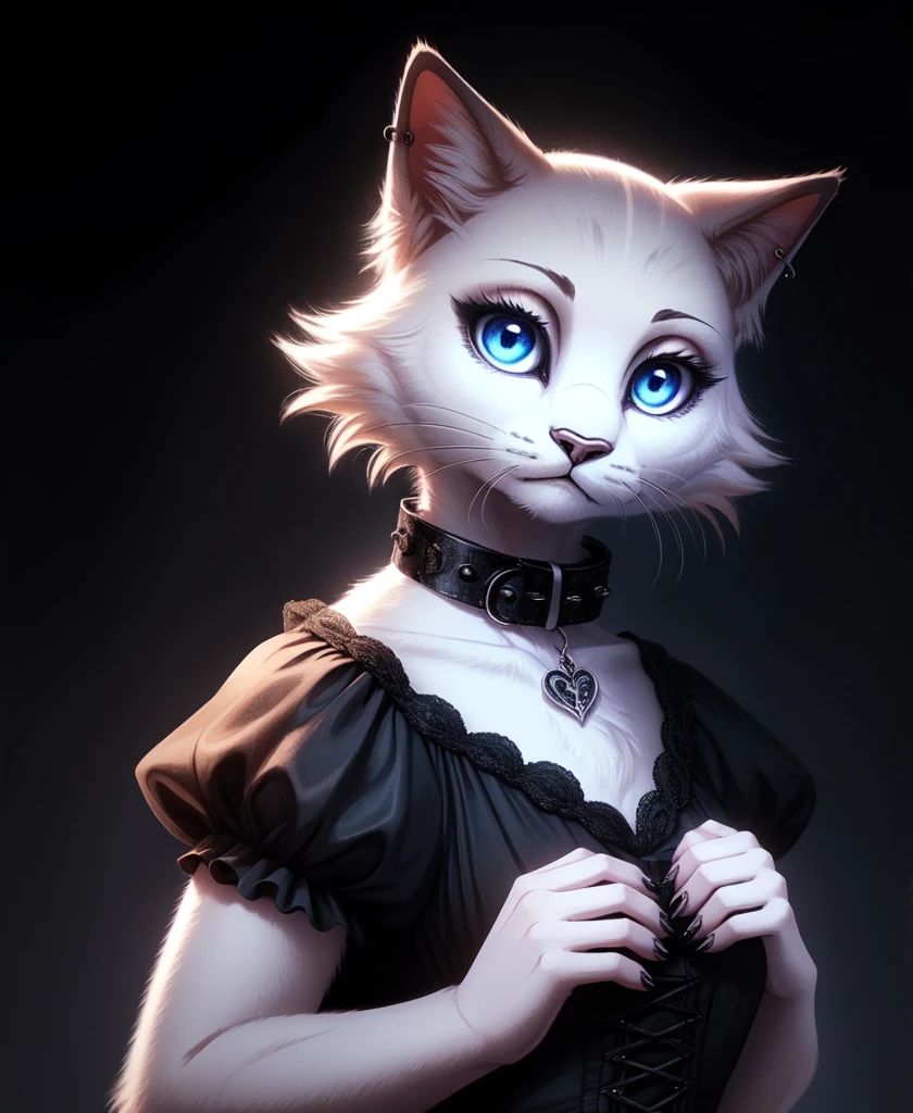 Ragdoll cat,furry,female,(beautiful and fluffy fur,fluffy and cute cat:1.1),SFW,(elegant and mysterious style,stylish gothic fashion:1.2), (dark and atmospheric ambiance:1.1),gothic collar,moonlit background,dramatic lighting,soft and gentle expression, piercing blue eyes,strong contrast,subtle shadows,detailed whiskers,sculpted paws,vivid colors,pastel tones,subtle gradients con collar dama felina llamada mina Roswell