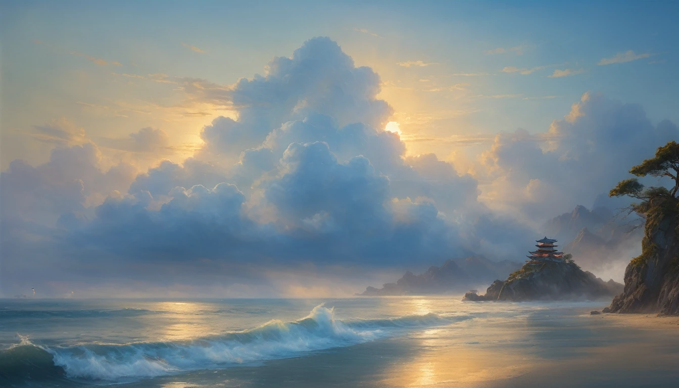 cloud,龍の形をしたcloud,Illuminated by the light of the setting sun ,Background sea,Foggy atmosphere,On-air lighting,薄いcloud,Smooth lines,Light blue and white shades,A serene and majestic sight,Amazing details,Artistic interpretation,Painting Style,masterpiece:1.2
