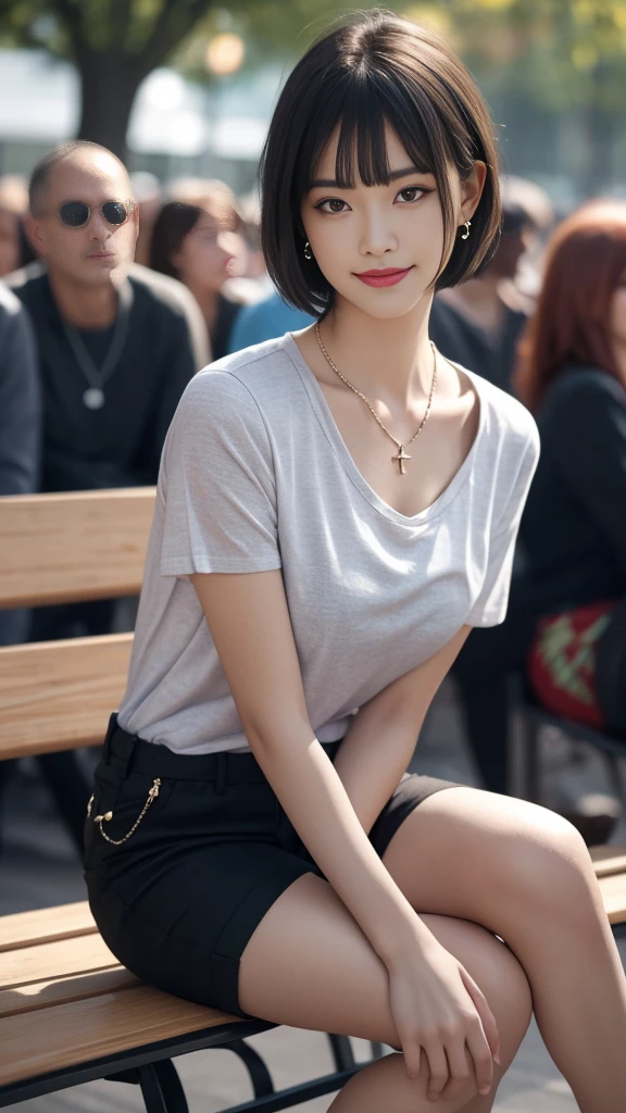 8K,(RAW photos),(best quality), (Photo-realistic:1.4),Realistic skin texture 1girl,Lovely,Double eyelids,Bangs,whole body,,Thin legs,(fit),Slim,Smile,short hair,earrings,necklace,Watch and look at the audience,Face Focus,Depth of Field,club ,(Chest close-up:1),Bokeh,,Light T-shirt，Black shorts, Riverside，bench