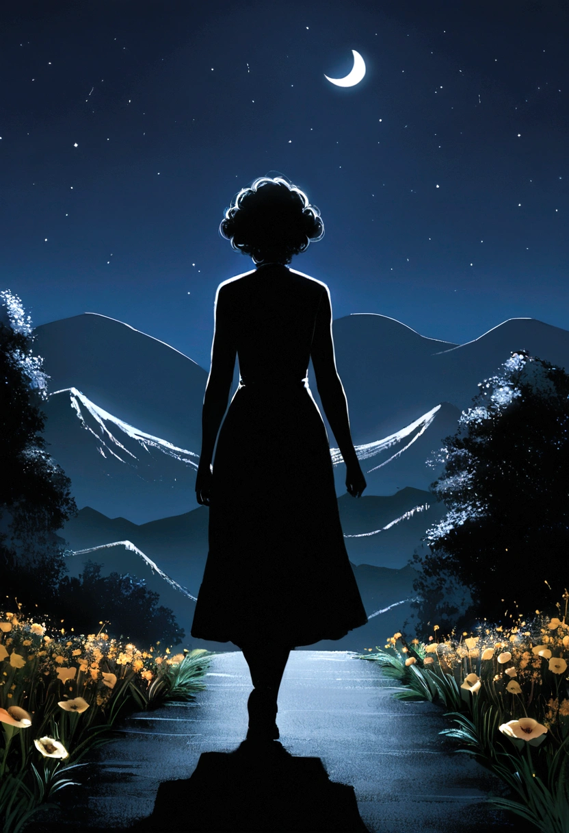 a black woman with long, curly hair, just part of the silhouette, walking on the road with realistic mountains look, drizzle, Chuva fina, night with stars and crescent moon in the upper left corner, flowers in the corners, high resolution, cinematic lighting, (Chuva fina) (back woman) (Walking forward)