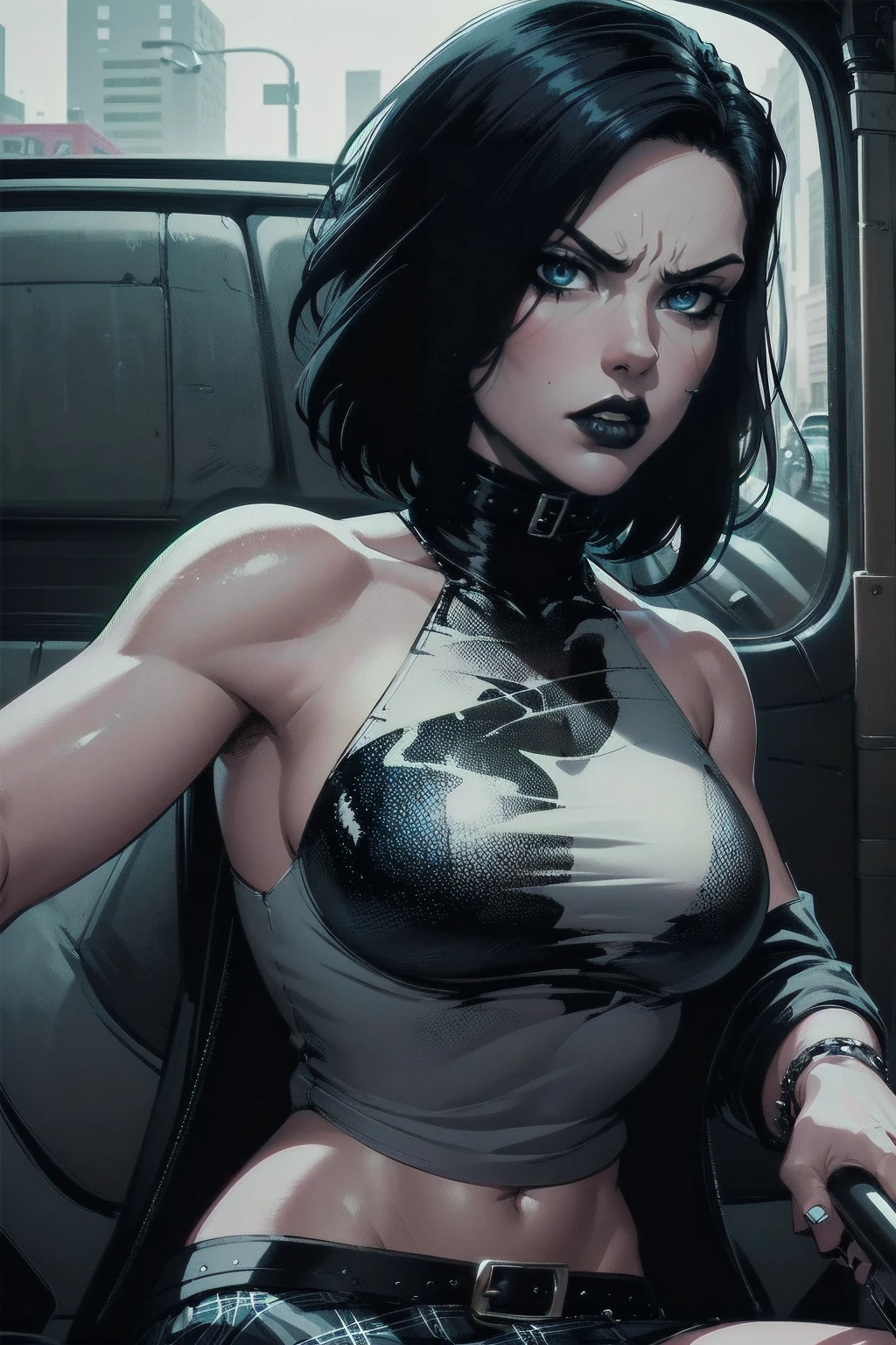 a woman with medium black hair, hair on shoulders, wearing plaid skirt, black jacket, blue eyes, gothic art, cute aesthetic with vibe, toon aesthetic, wearing gothic accessories, look like Cassie Hack, upper body, angry, driving on the motocicle, street background, dinamic poses