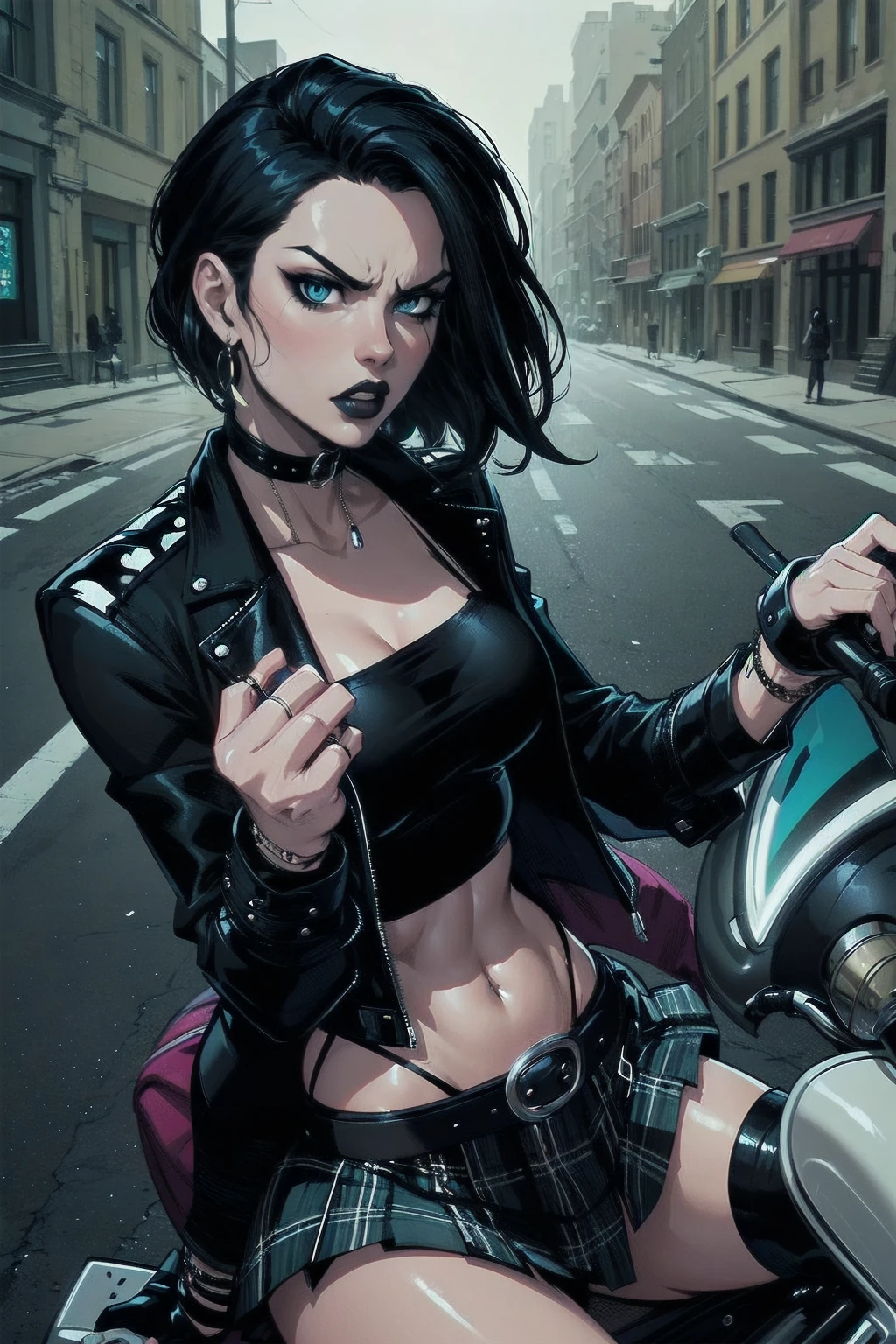 a woman with medium black hair, hair on shoulders,  wearing plaid skirt, black jacket,  blue eyes, gothic art, cute aesthetic with vibe, toon aesthetic, wearing gothic accessories, look like Cassie Hack, upper body, angry,  driving on the motocicle, street background, dinamic poses