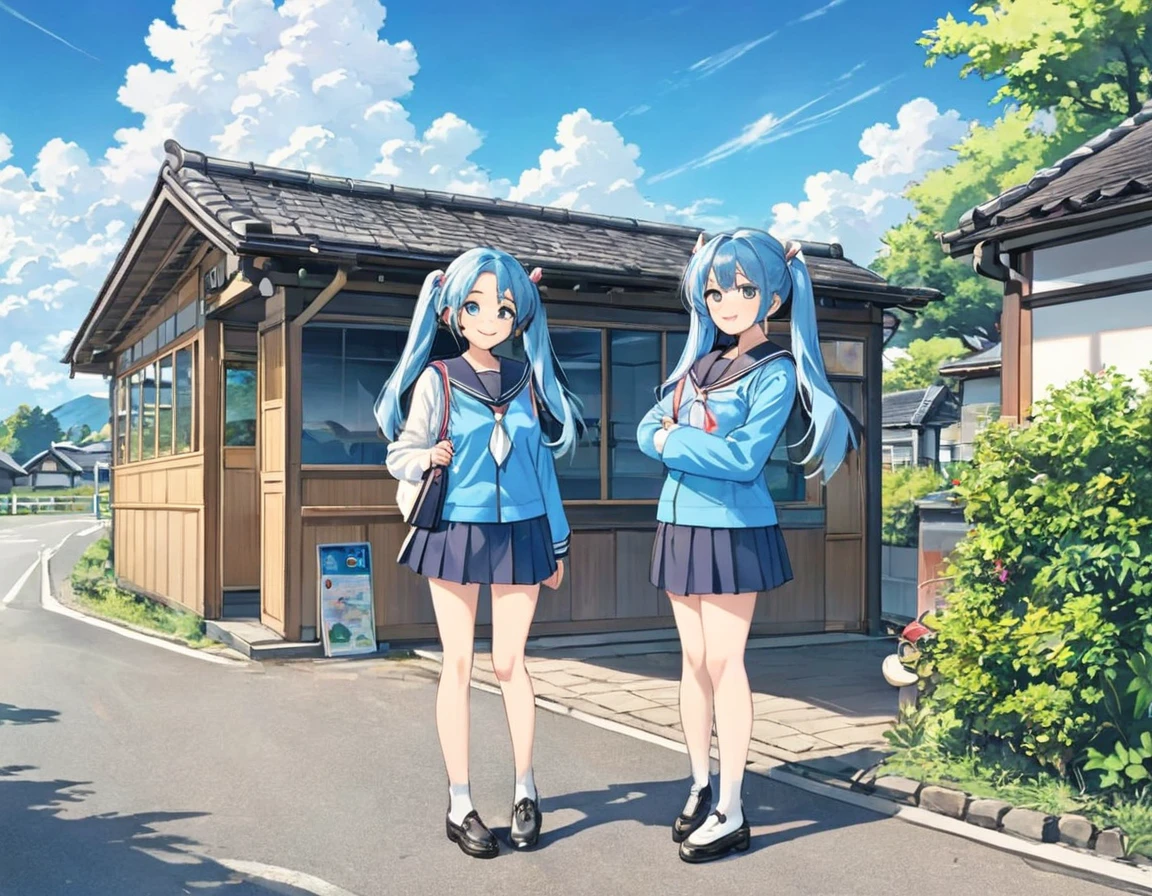 Light blue long hair、Two beautiful girls with twin tails、Sailor suit、Bright smile、Full Body View、Rural Scenery、Rural landscape、Waiting for the bus at the bus stop in front of an old thatched roof house、I can see the bus、White clouds in blue sky、Face Highlights