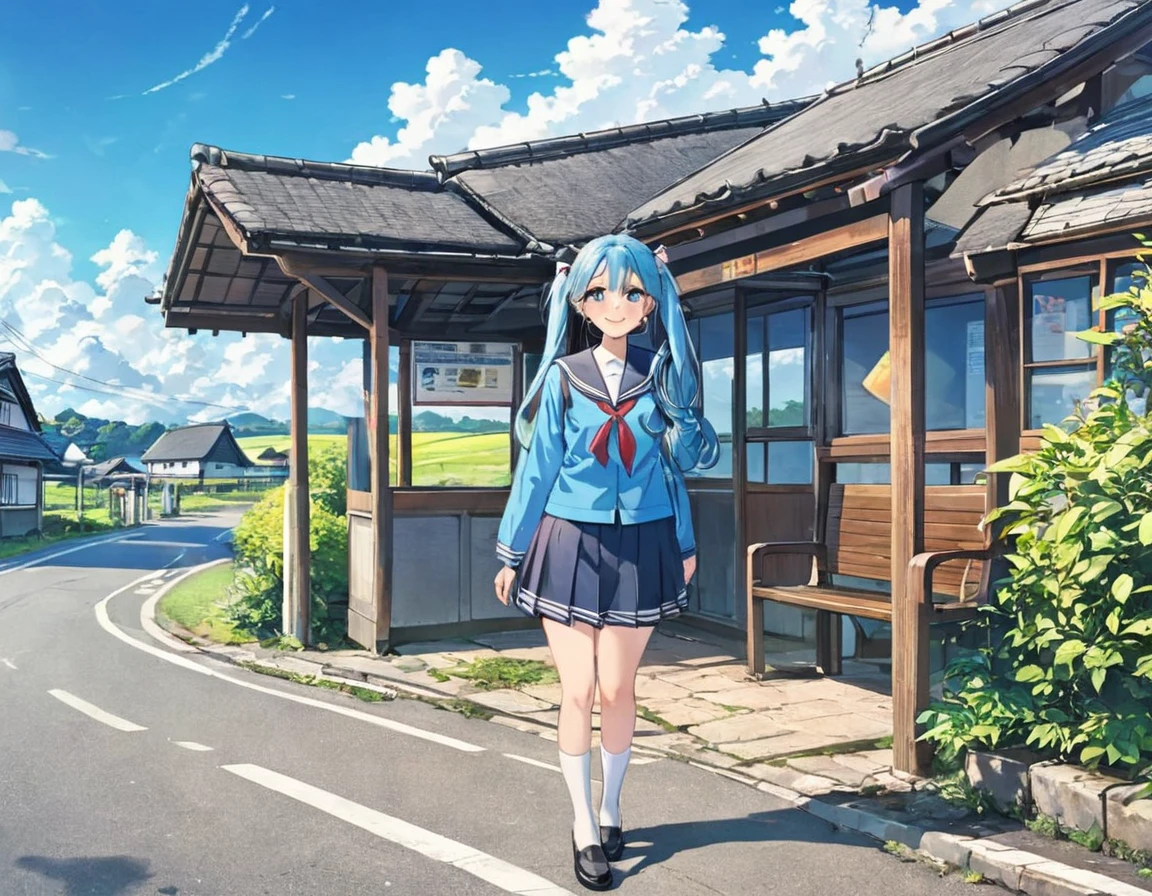Light blue long hair、Two beautiful girls with twin tails、Sailor suit、Bright smile、Full Body View、Rural Scenery、Rural landscape、Waiting for the bus at the bus stop in front of an old thatched roof house、I can see the bus、White clouds in blue sky、Face Highlights