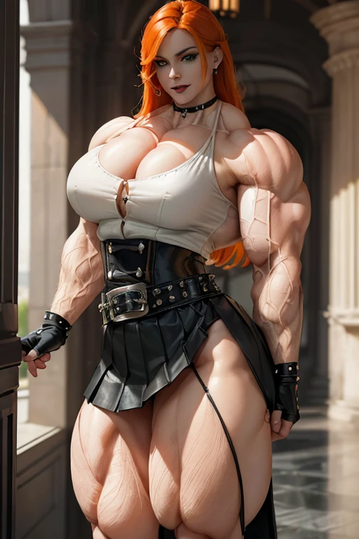 (((Massive tall, beautiful, buff, pale white skinned muscular woman with orange hair, black lipstick, ginormous bulky muscles and wearing a beautiful leather unbuttoned blouse with a beautiful black long pleated skirt))), (close view), massive muscles, massive biceps, hyper muscle shoulders, massive muscle arms, vascular shoulders, hyper muscle triceps, (long shaggy hair), (beautiful unbuttoned leather blouse), green eyes, studded gauntlets, gloves, choker, (beautiful black long pleated skirt with a belt), shoes with socks, (in a beautiful hallway), closed smile, morning, hyper vascular arm, hyper muscles arms, hyper muscle legs, massive arms