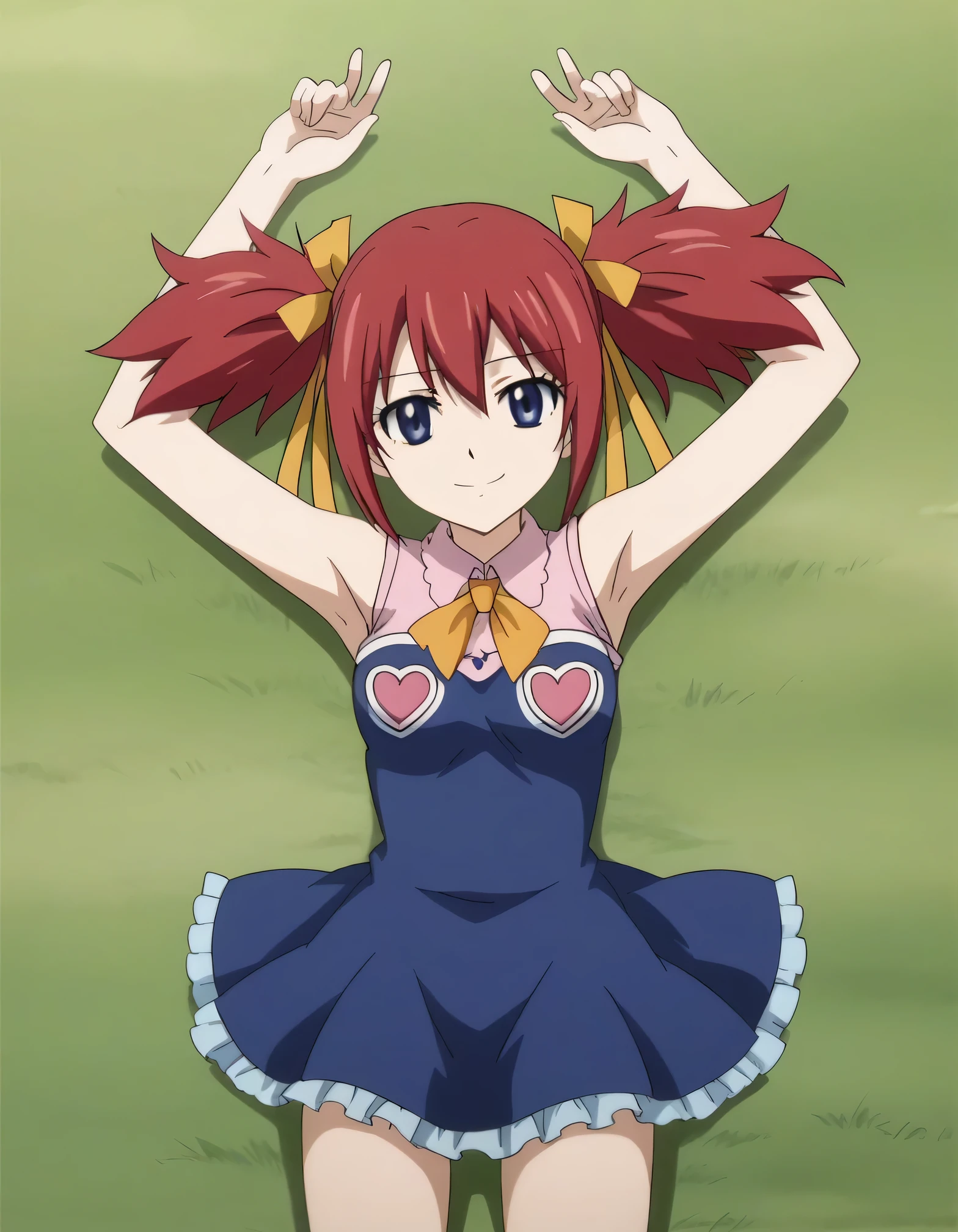 chelia_blendy, source_anime, rating_safe, intricate details, anime screencap, anime coloring, 1girl, solo, red hair, blue eyes, ribbon, hair ribbon, twintails, short twintails, looking at viewer, high quality, solo, lying, on back, arms up, spread arms, closed mouth, on grass, center, (cowboy shot:1.5), looking at viewer, suggestive smile, best quality