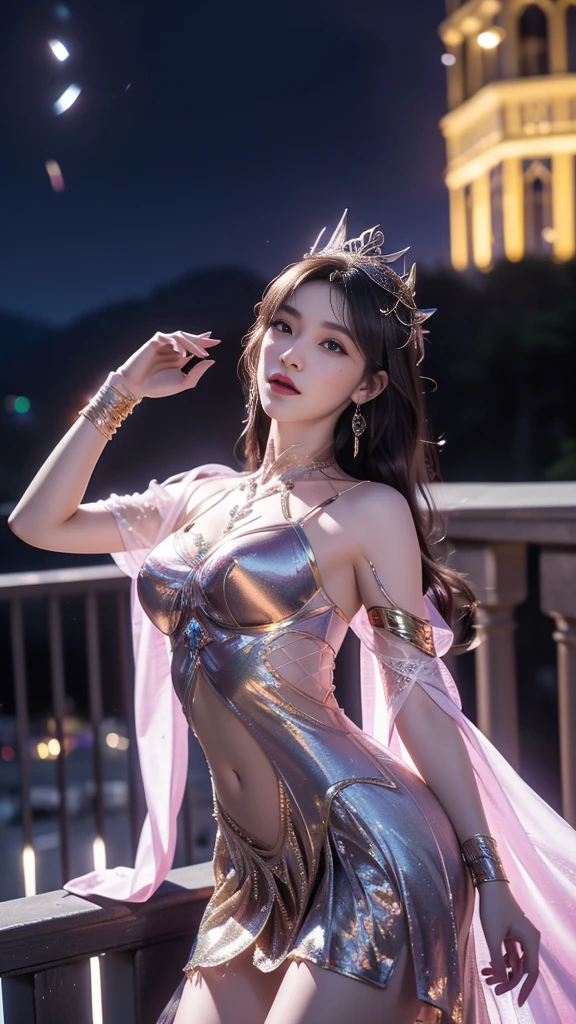 8K, Ultra HD, masterpiece, best quality, 1 girl, ((Realistic face)), Happy pace, Very long hair, Small Breasts, Perfect waist, Decorated Dress, very beautiful Decorations dress, golden, ((Lace)), Mesh dress, Flowing mesh cape, sardine, cycle, ((Decorations)), legendary night balcony, ((night:1.5)), Depth of Field, light, Chromatic Aberration, Motion Blur, 发光的light, Divine Light, Ray Tracing, ((reflected light)), Backlight, bloom, Chromatic Aberration abuse, Various solid colors, Abdominal poses,