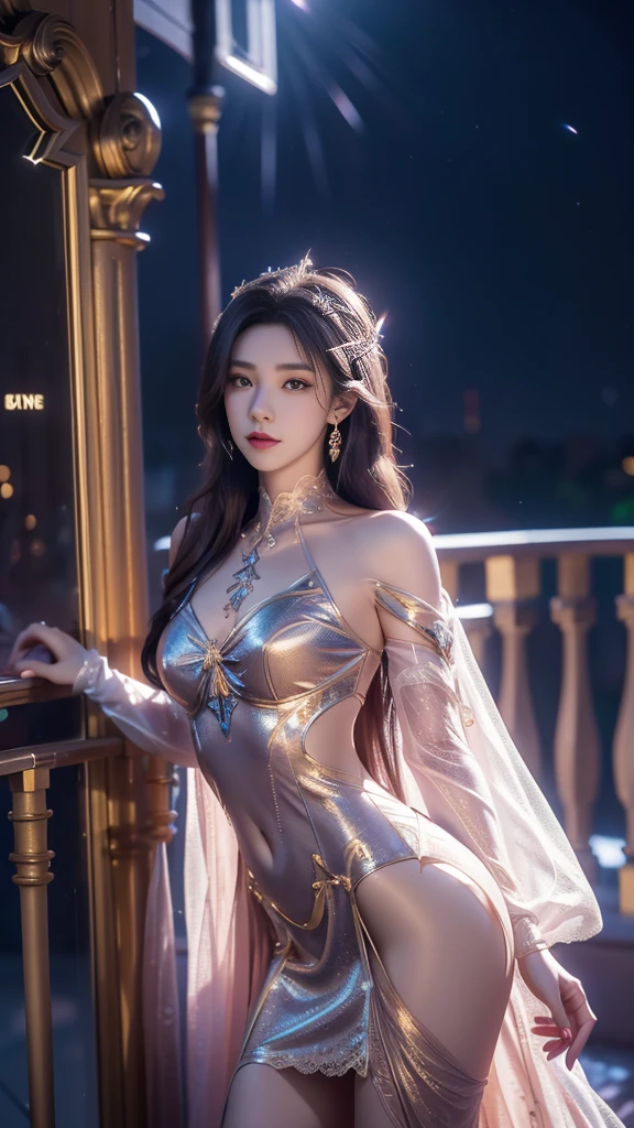 8K, Ultra HD, masterpiece, best quality, 1 girl, ((Realistic face)), Happy pace, Very long hair, Small Breasts, Perfect waist, Decorated Dress, very beautiful Decorations dress, golden, ((Lace)), Mesh dress, Flowing mesh cape, sardine, cycle, ((Decorations)), legendary night balcony, ((night:1.5)), Depth of Field, light, Chromatic Aberration, Motion Blur, 发光的light, Divine Light, Ray Tracing, ((reflected light)), Backlight, bloom, Chromatic Aberration abuse, Various solid colors, Abdominal poses,