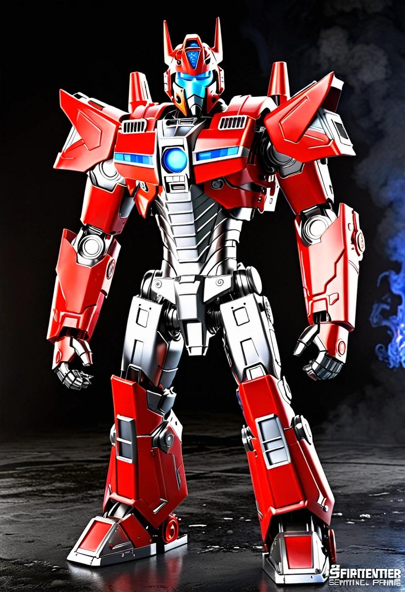 Create a realistic Sentinel Prime image with chrome parts and numerous detailed parts. It should look robust and magnificent, with a detailed background and professional lighting. Sentinel Prime must have small, squinting blue eyes, plus an expressive look with metallic lips and nose. Include a firefighter&#39;s locket and a red helmet typical of a firefighter. Your pieces should be predominantly red, with the bust incorporating elements of a fire truck. The image must be full body, showing your broad shoulders, arms and body with characteristics of a fire truck. Also add firefighter icons: 🚒⛑️👩‍🚒.