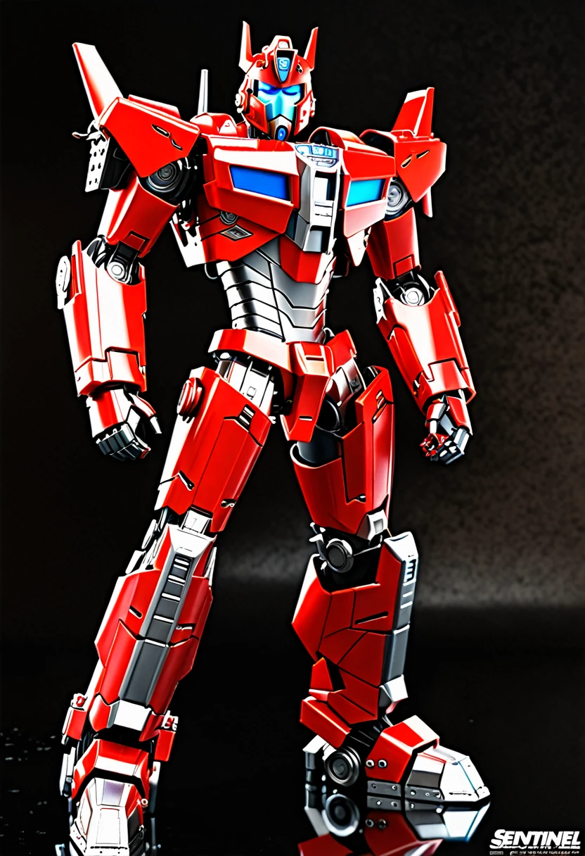 Create a realistic Sentinel Prime image with chrome parts and numerous detailed parts. It should look robust and magnificent, with a detailed background and professional lighting. Sentinel Prime must have small, squinting blue eyes, plus an expressive look with metallic lips and nose. Include a firefighter&#39;s locket and a red helmet typical of a firefighter. Your pieces should be predominantly red, with the bust incorporating elements of a fire truck. The image must be full body, showing your broad shoulders, arms and body with characteristics of a fire truck. Also add firefighter icons: 🚒⛑️👩‍🚒.