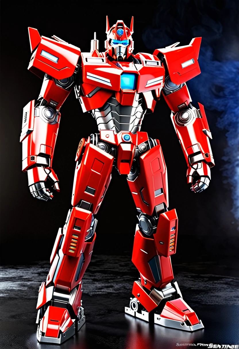 Create a realistic Sentinel Prime image with chrome parts and numerous detailed parts. It should look robust and magnificent, with a detailed background and professional lighting. Sentinel Prime must have small, squinting blue eyes, plus an expressive look with metallic lips and nose. Include a firefighter&#39;s locket and a red helmet typical of a firefighter. Your pieces should be predominantly red, with the bust incorporating elements of a fire truck. The image must be full body, showing your broad shoulders, arms and body with characteristics of a fire truck. Also add firefighter icons: 🚒⛑️👩‍🚒.