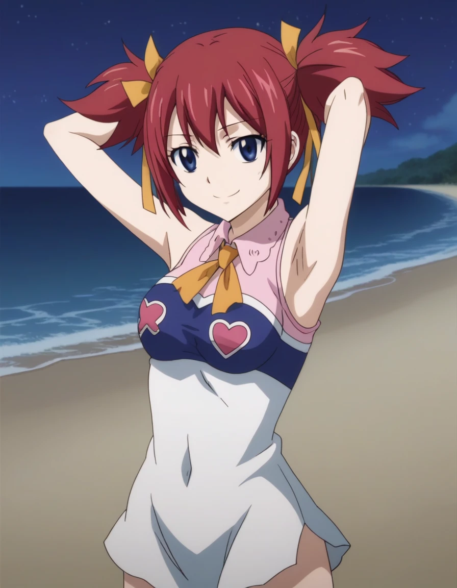 chelia_blendy, source_anime, rating_safe, intricate details, anime screencap, anime coloring, 1girl, solo,  red hair, blue eyes, ribbon, hair ribbon, twintails, short twintails, looking at viewer, solo, contrapposto, spread armpit, arms behind head, smile, looking at viewer, (cowboy shot:1.5), closed mouth, night sky, beach, high quality,