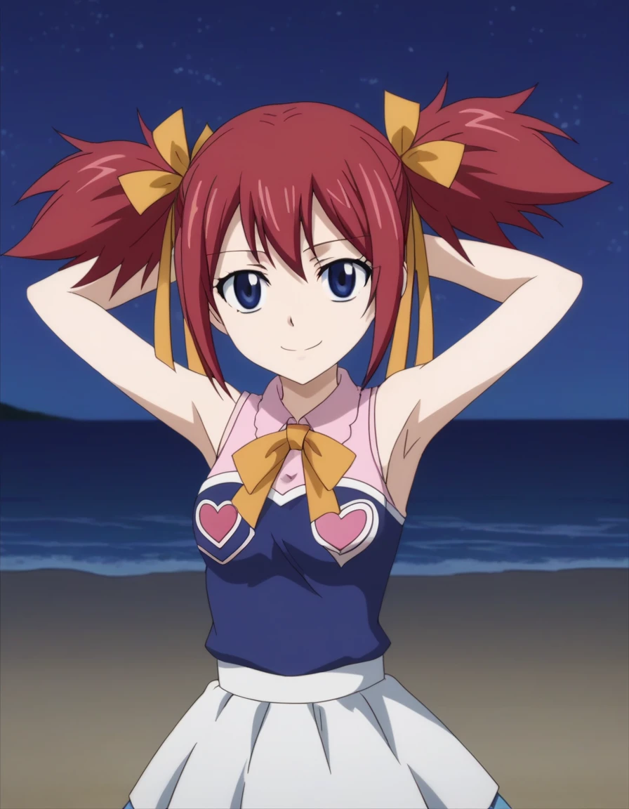 chelia_blendy, source_anime, rating_safe, intricate details, anime screencap, anime coloring, 1girl, solo,  red hair, blue eyes, ribbon, hair ribbon, twintails, short twintails, looking at viewer, solo, contrapposto, spread armpit, arms behind head, smile, looking at viewer, (cowboy shot:1.5), closed mouth, night sky, beach, high quality,