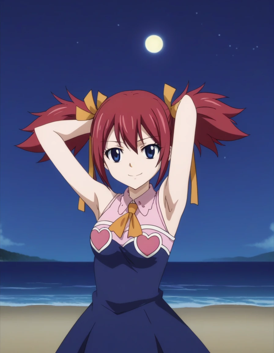 chelia_blendy, source_anime, rating_safe, intricate details, anime screencap, anime coloring, 1girl, solo,  red hair, blue eyes, ribbon, hair ribbon, twintails, short twintails, looking at viewer, solo, contrapposto, spread armpit, arms behind head, smile, looking at viewer, (cowboy shot:1.5), closed mouth, night sky, beach, high quality,