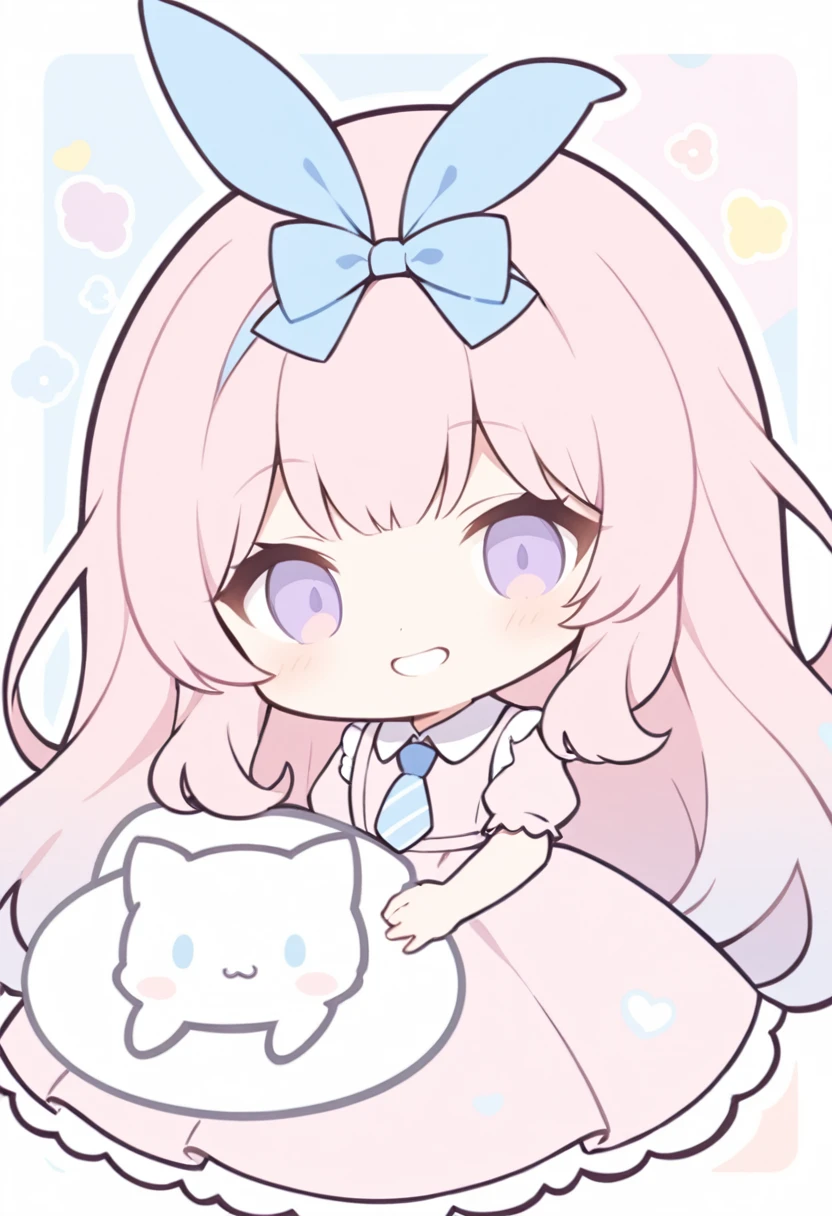 Craft a charming cartoon illustration of 1girl, Best quality, long hair, pink hair, purple eyes, pink and white dress, blue ribon bow necktie, grin, chibi style, simple backgorund. The artwork should be characterized by minimalistic, rounded line art and pastel colors. The character should have exaggerated, endearing features, and the items should be stylized yet recognizable, sanrio style