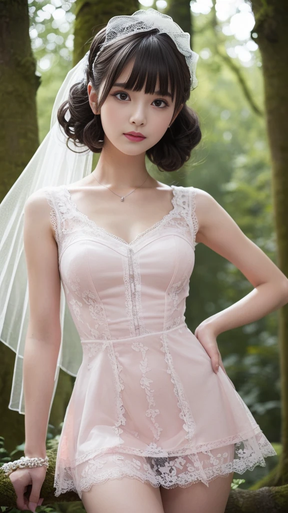 (highest quality, Very detailed, masterpiece:1.2), 1 female, very thin body, Long, Slender legs, ((Black wavy Short Hair:1.2)), ((Thick and fluffy bangs)), Very detailedな顔,faint smile, Small, thin nose, small thin mouth, Extremely sharply focused eyes, Japanese, Beautiful Face, Realistic eyes, Beautiful and beautiful eyes, Realistic Skin, Beautiful Skin, charm, (A vivid face), Beautiful Hairstyles,((Victorian style pink Lace wedding mini dress)),((panty pull)), Gothic design, Creepy and unique hairstyles, high resolution, Vibrant color palette, Mysterious and strange In a forest of trees, Amazing place, Tim Burton signature dark shadows and strange details, Shot from below,background, Put one foot up on a tree