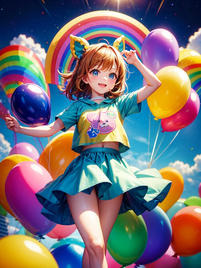 Highest quality,Highest Resolution,Cute mascot costume and parent and  holding balloons,Rainbow background,