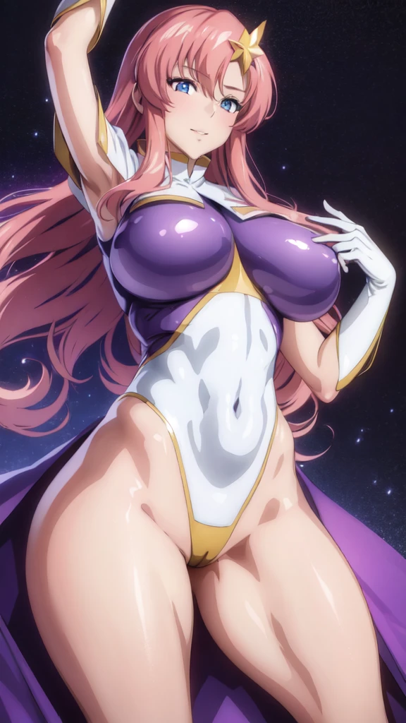 (masterpiece)、(Best image quality)、(Very detailed)、(Very detailed)、4K、(8K)、Best image quality、(beautiful)、
More about Campbell, 1 Girl, star hair ornaments, hair ornaments, Pink Hair, Long Hair, gloves, Leotard Purple Leotard, White leotard, A tight leotard、Huge breasts、Thick thighs、,A light smile、Dynamic pose、gravure、Dynamic Angle、Noise Reduction、Emphasis on the crotch、Breast Augmentation