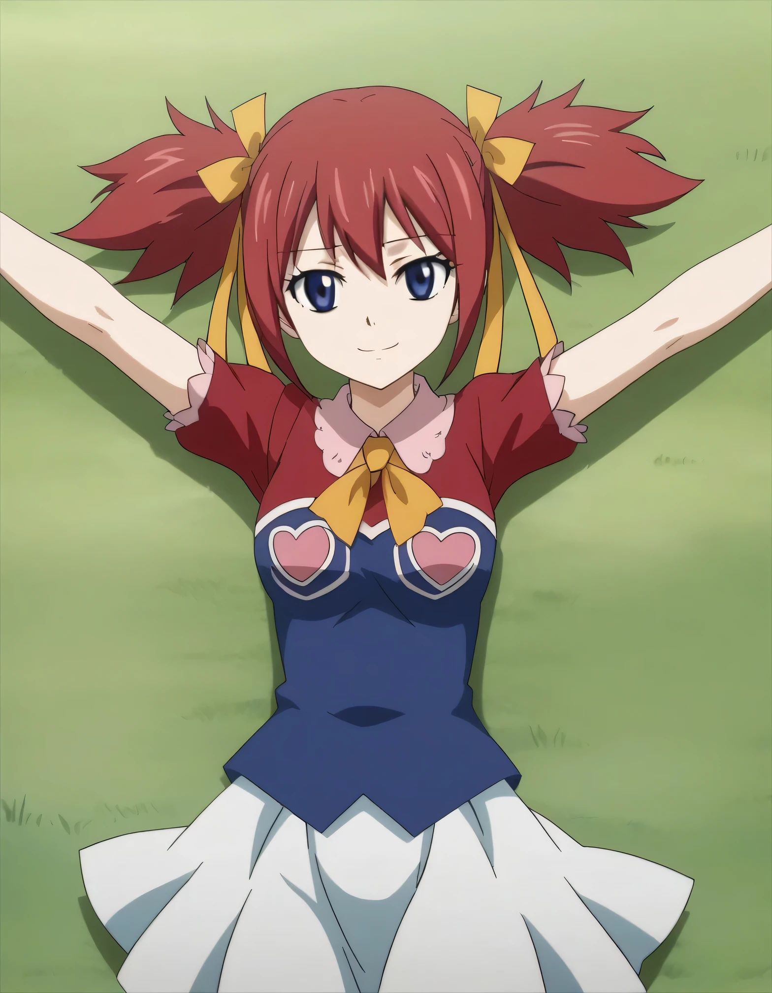 chelia_blendy, source_anime, rating_safe, intricate details, anime screencap, anime coloring, 1girl, solo, red hair, blue eyes, ribbon, hair ribbon, twintails, short twintails, looking at viewer, high quality, solo, lying, on back, arms up, spread arms, closed mouth, on grass, center, (cowboy shot:1.5), looking at viewer, suggestive smile, best quality