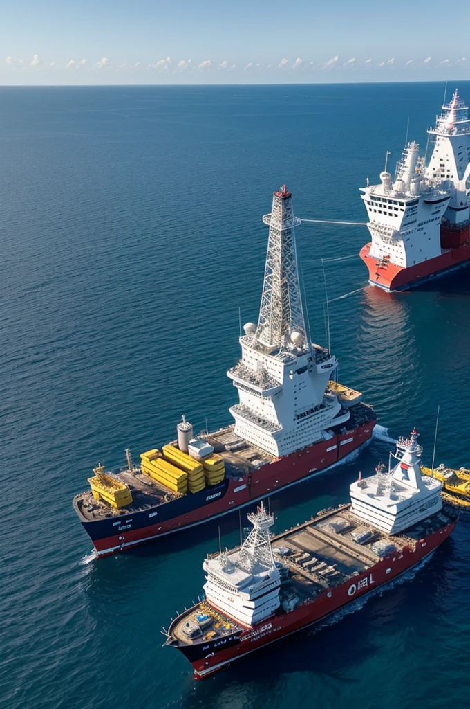 Oil Platform View from a drone, sunny day, helicopter and boats