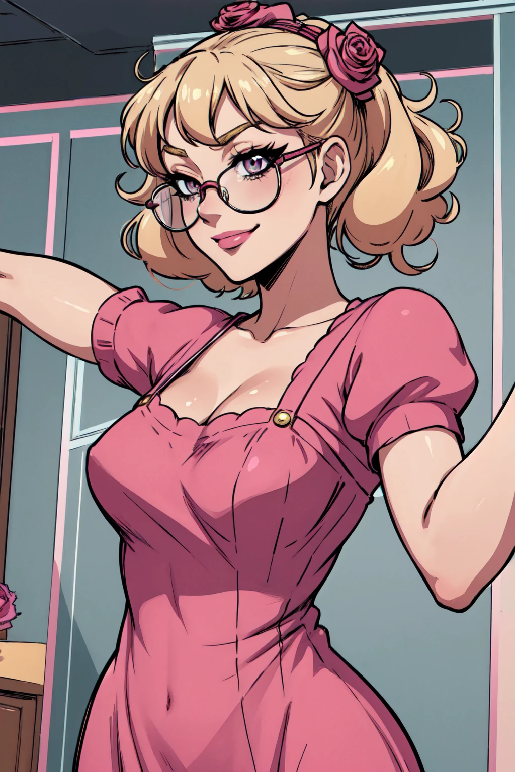 {-erro_de_anatomia:1.0}(best quality,4k,8k,highres,masterpiece:1.2) Anime girl tuxedo with curly hair,  blond hair and round gold glasses, rose gold eyes. Guviz style art, attractive detailed art style, Charlie Bowater Style, 1 7 - year - old cute anime girl, detailed manga style, detailed anime character art, germ of art. High detail, stunning manga art style. Rose dress. (pink dress) . Wearing rose gold Victorian clothing, dynamic poses, smile. Different Pose, upper body