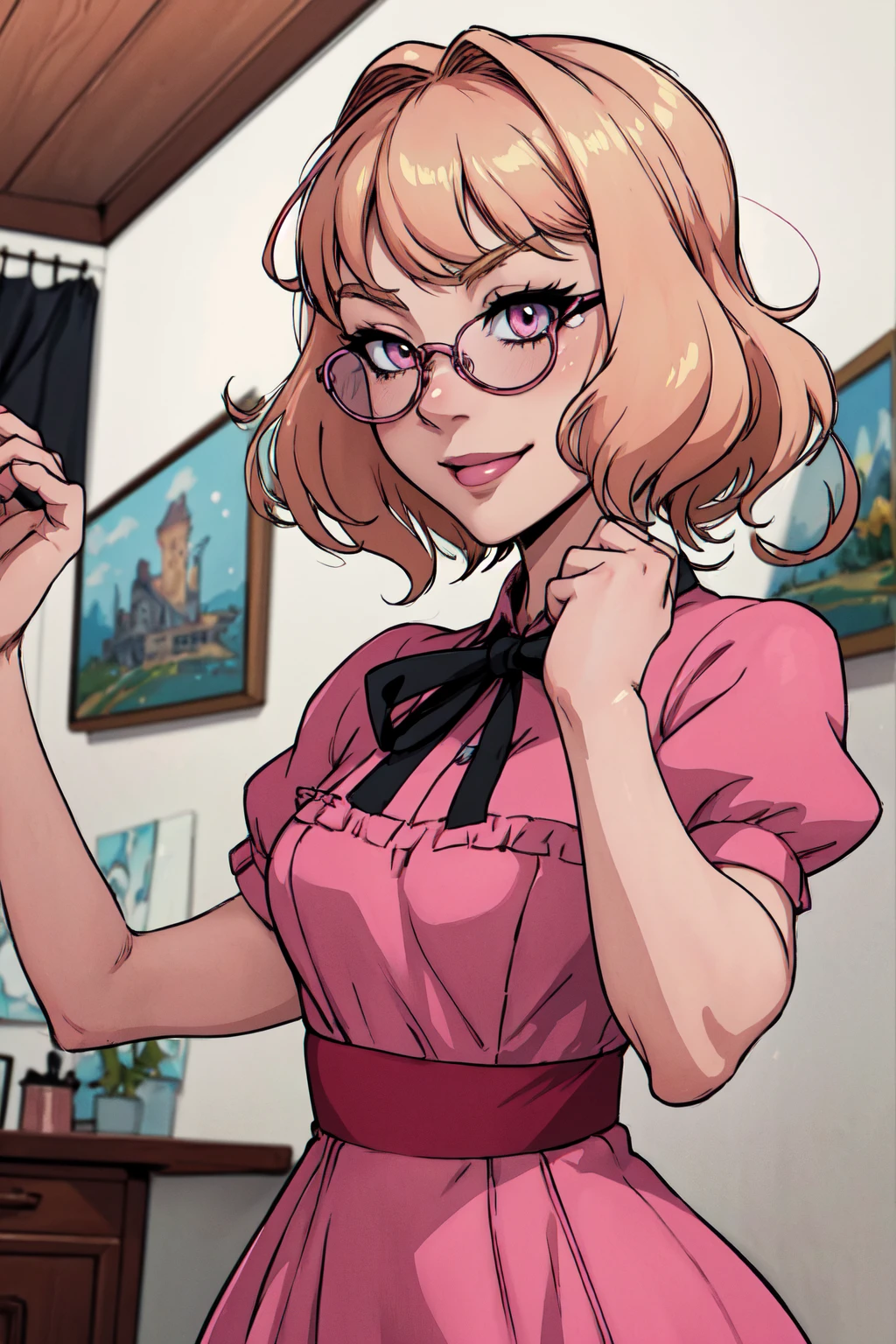 {-erro_de_anatomia:1.0}(best quality,4k,8k,highres,masterpiece:1.2) Anime girl tuxedo with curly hair, blond hair and round gold glasses, rose gold eyes. Guviz style art, attractive detailed art style, Charlie Bowater Style, 1 7 - year - old cute anime girl, detailed manga style, detailed anime character art, germ of art. High detail, stunning manga art style. Rose dress. (pink dress) . Wearing rose gold Victorian clothing, dynamic poses, smile. Different Pose, upper body