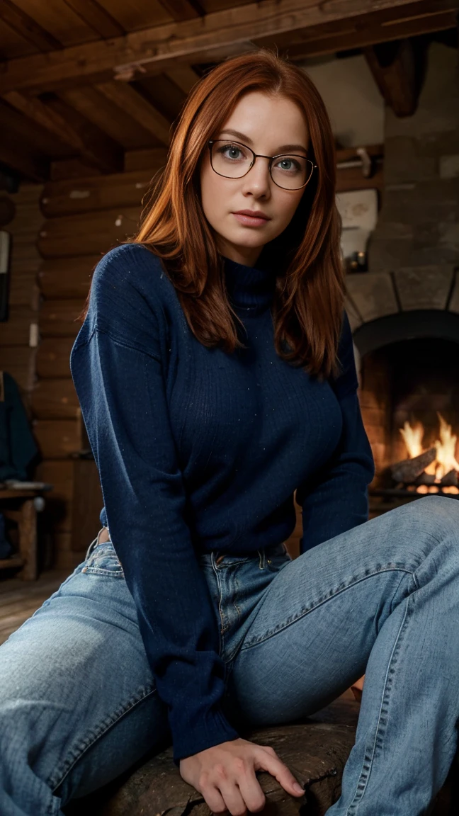 single focus lens, face is realistic, sensual woman, photographed, red hair, ice blue eyes, narrow waist, beautiful breasts, (sweater and jeans:1.2), at a cabin in the woods, with glasses, sitting by the fireplace, looking cozy and content.