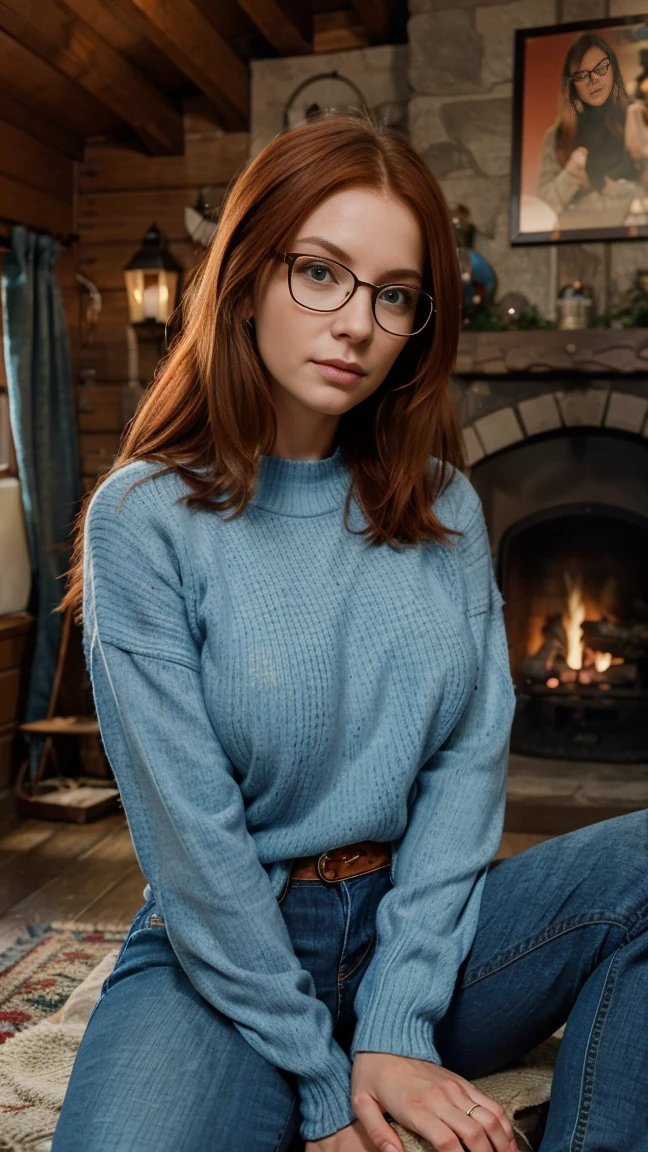 single focus lens, face is realistic, sensual woman, photographed, red hair, ice blue eyes, narrow waist, beautiful breasts, (sweater and jeans:1.2), at a cabin in the woods, with glasses, sitting by the fireplace, looking cozy and content.