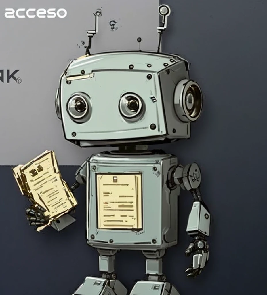 there is a robot holding a piece of paper and a cell phone, tintoy characterdesign robot, sleek robot, robot design, concept robot, pathetic robot, cute robot, friendly robot, a robot, artificial intelligence, robot in data center, the mekanik doll, beautiful robot character design, robot in a server room, artificial intelligence!!, cute robot wooden