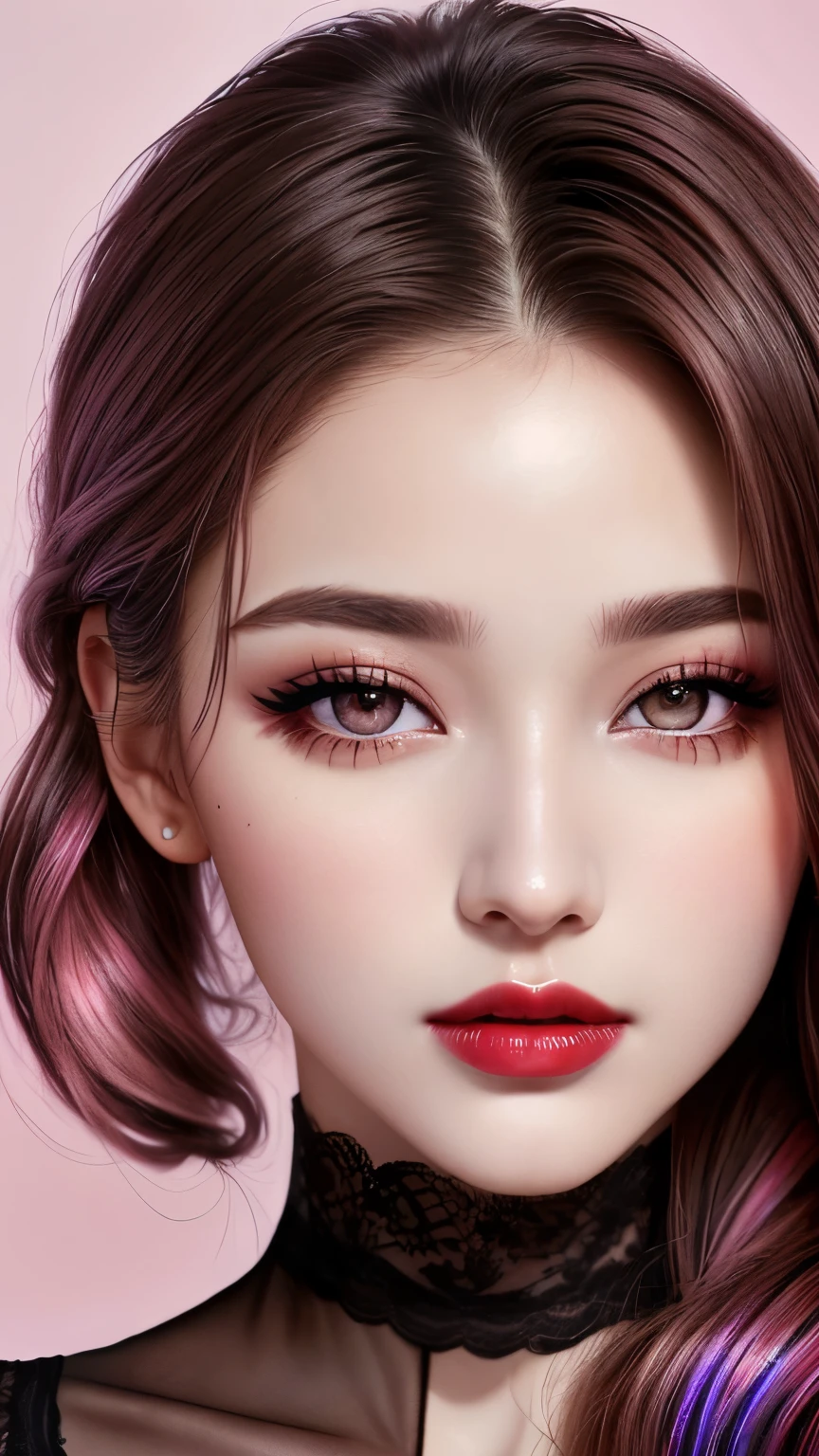Ultra-realistic movie master pie with ultra-detailed primetime portraits, high quality, 8K, table top, Ultra HD), 1 girl 25 years old、Nude, fashion supermodel, ((Random style and color hair)), masterpiece, high quality, high quality, High resolution、(close up of face), black_mascara put in Long eyelashes:1.5, dark (eyesshadows:1.25), (Glossy) red_lips:1.44, ((brown_eyes)), iridescent eyes, vibrant eyes:1.2, high contrast, pink shot:1.175