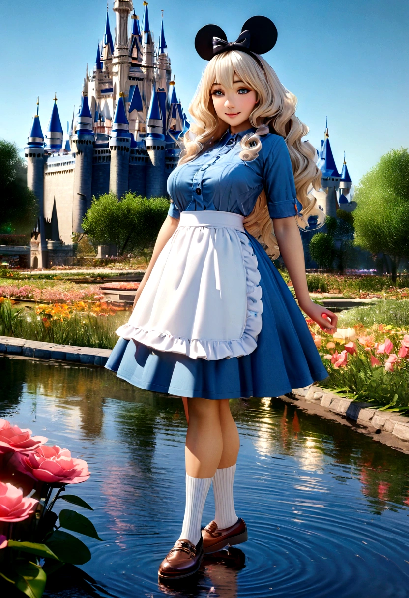 (masterpiece), (best quality), (extremely detailed), alice liddell, blue dress, white apron, long very puffy very curly hair, black hairband, white long socks, cute pose, in a flower garden, (pond), (((disney castle at the background))), (blue sky), (sunny day), 3d. Illustration, Good Highlights, Perfect Proportions, dynamic, Professional, Award winning, (high detailed skin), (high detailed face), photorealistic, HDR, ultra highres, absurdres, perfect body shape, cute smiling, full body,  shoes 