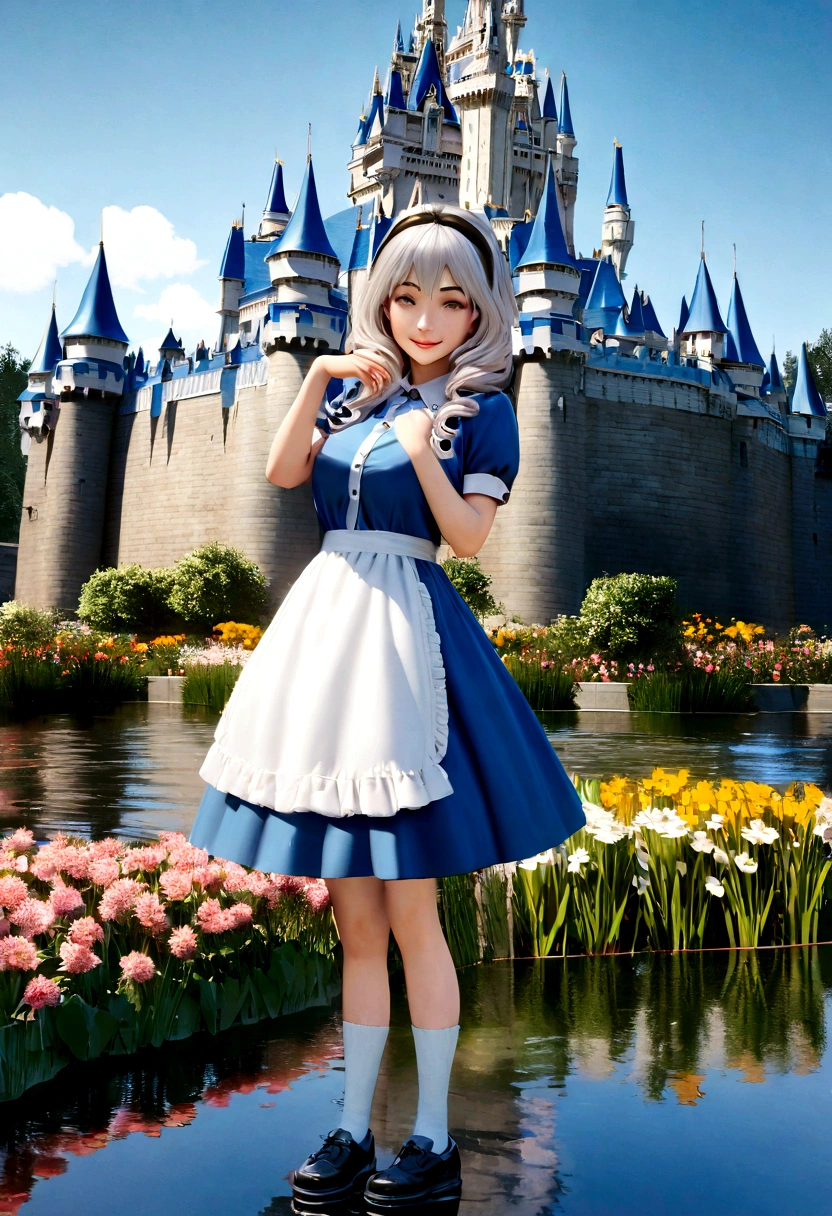 (masterpiece), (best quality), (extremely detailed), alice liddell, blue dress, white apron, long very puffy very curly hair, black hairband, white long socks, cute pose, in a flower garden, (pond), (((disney castle at the background))), (blue sky), (sunny day), 3d. Illustration, Good Highlights, Perfect Proportions, dynamic, Professional, Award winning, (high detailed skin), (high detailed face), photorealistic, HDR, ultra highres, absurdres, perfect body shape, cute smiling, full body,  shoes 