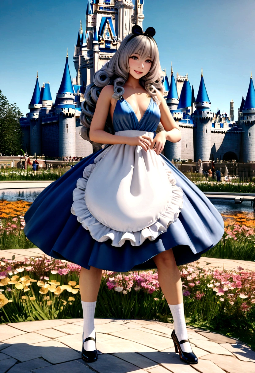 (masterpiece), (best quality), (extremely detailed), alice liddell, blue dress, white apron, long very puffy very curly hair, black hairband, white long socks, cute pose, in a flower garden, (pond), (((disney castle at the background))), (blue sky), (sunny day), 3d. Illustration, Good Highlights, Perfect Proportions, dynamic, Professional, Award winning, (high detailed skin), (high detailed face), photorealistic, HDR, ultra highres, absurdres, perfect body shape, cute smiling, full body, shoes
