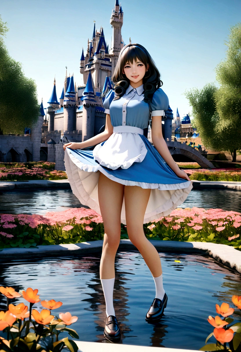 (masterpiece), (best quality), (extremely detailed), alice liddell, blue dress, white apron, long very puffy very curly hair, black hairband, white long socks, cute pose, in a flower garden, (pond), (((disney castle at the background))), (blue sky), (sunny day), 3d. Illustration, Good Highlights, Perfect Proportions, dynamic, Professional, Award winning, (high detailed skin), (high detailed face), photorealistic, HDR, ultra highres, absurdres, perfect body shape, cute smiling, full body,  shoes 