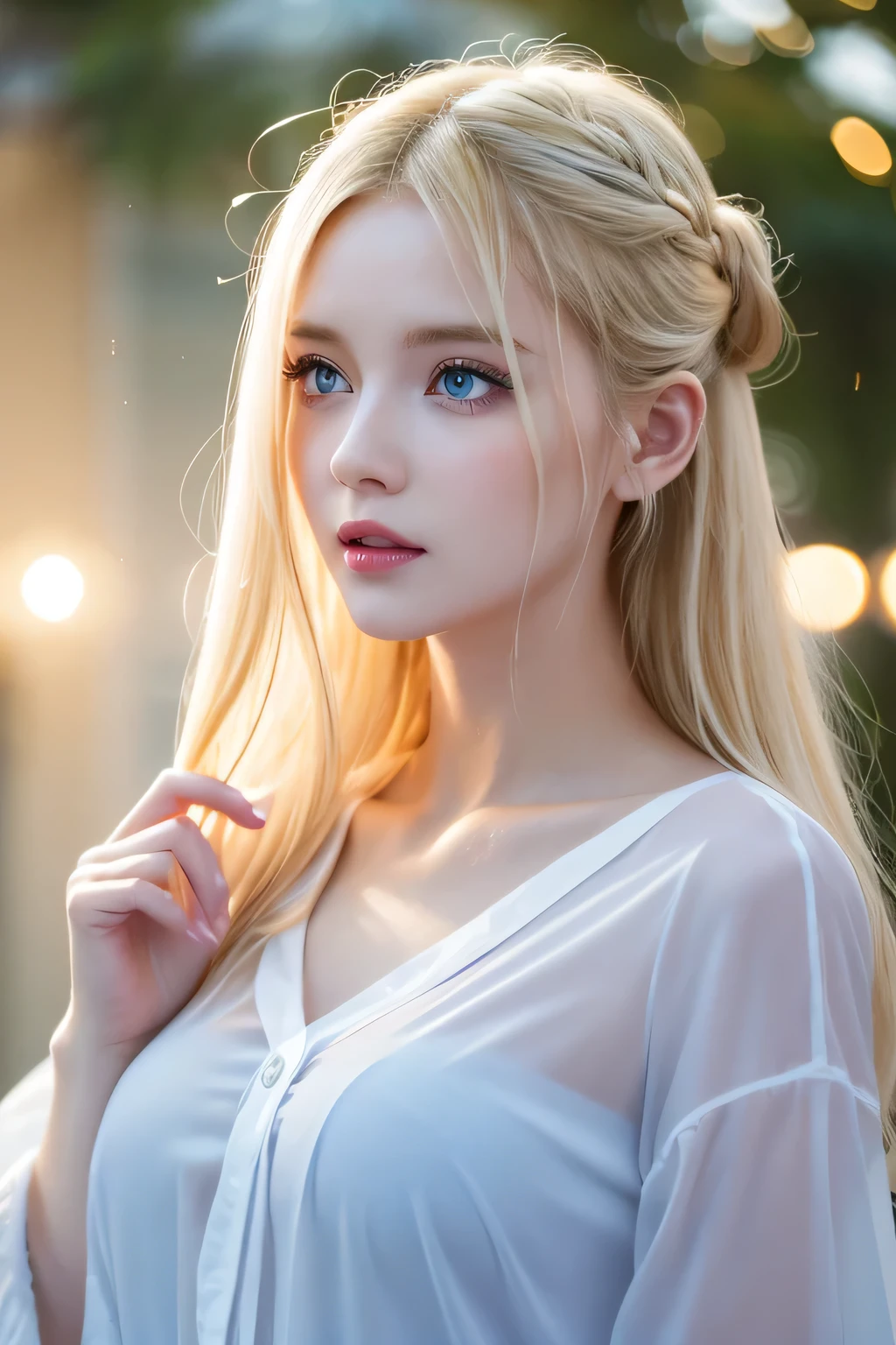 Dazzlingly bright blonde hair、Super long straight hair、Light blue eyes、Transparent white and wet nightgown、European youth、Perfect body、Perfect beautiful face、Bright makeup、Pale pink lips、Blonde girl taking a shower、1 blonde girl、Unbuttoned shirt、lipstick、Hair Bun、Colored inner hair、Hype、{vapour}、Audience Vision、Golden Hour Lighting、comics、Bokeh Atmosphere Perspective、detailed、Cinema Light、Complex details、High resolution、 Detailed features of face design、High Detail、Clear Focus、Smoothness、aesthetics、High Detail、printing、Octane Number、{{masterpiece}}