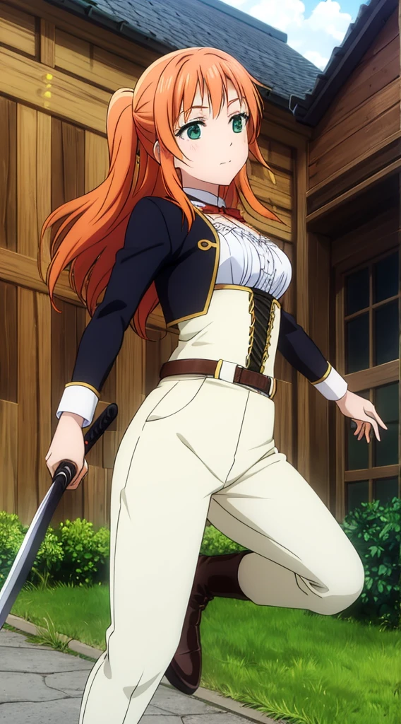 Tied long orange hair, green eyes, white pants, black corset, white long-sleeved blouse, sword at side, brown boots