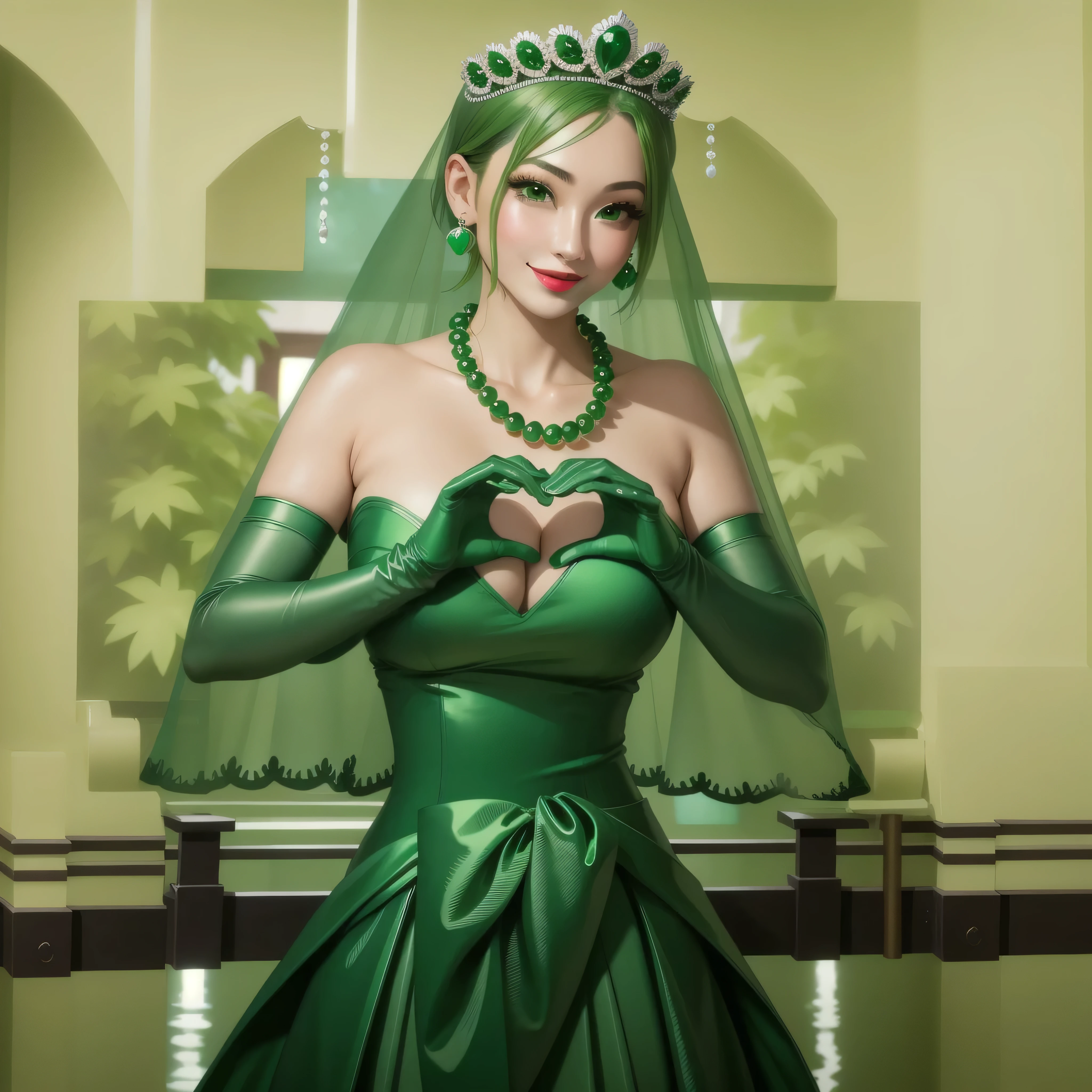 emerald tiara, Green Pearl Necklace, Boyish very short green hair, Green Lips, Smiling Japanese woman, Very short hair, Busty beautiful lady, Green Eyes, Green satin long gloves, Green Eyes, Emerald Earrings, Green veil, Heart with both hands, Green Hair, Beautiful Japanese Women, Heart shaped hands:1.3, green lip gloss