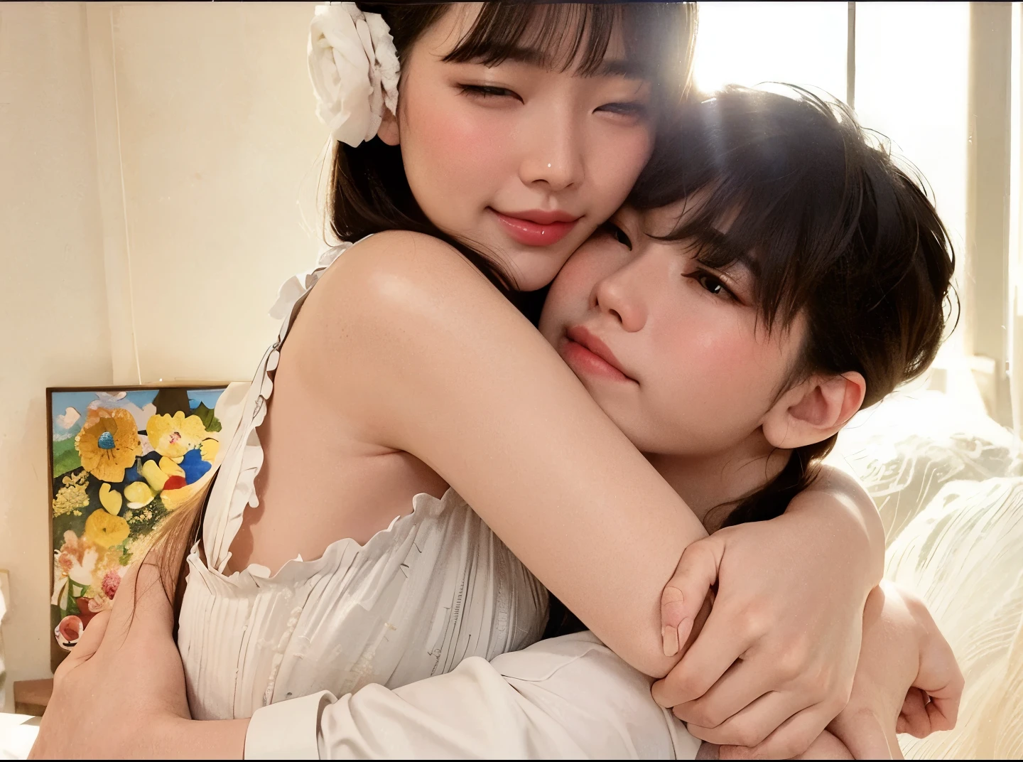 Image of one partner surprising the other with a gift or sharing a tender moment like a hug or kiss.