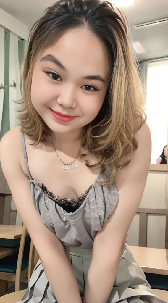 8K, highest quality, real image, intricate details, super detailed, Super high resolution, depth field,(realistic,realistic:1.2),table top , Frontal shot , From the middle , 1 girl, very beautiful 17 year old girl, highly detailed eyes:1.2)、wavy hair、curly hair、bangs、, perfect skin, Fair skin, small breasts, tight waist, light blush, alone, looking at the viewer, light smile, ((lace camisole top), (gray pleated skirt)