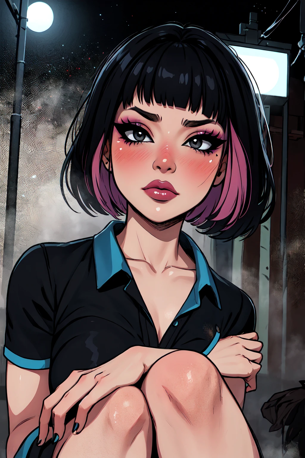 1girl, FengMin, solo, skinny, black eyes, asian eyes, eyeliner, looking at viewer, lips, black bob cut, blunt bangs, blush, , sitting on the motocicle, dinamic poses, whole body, face focus, outdoors, horror \(theme\), night, fog egirlmakeup,