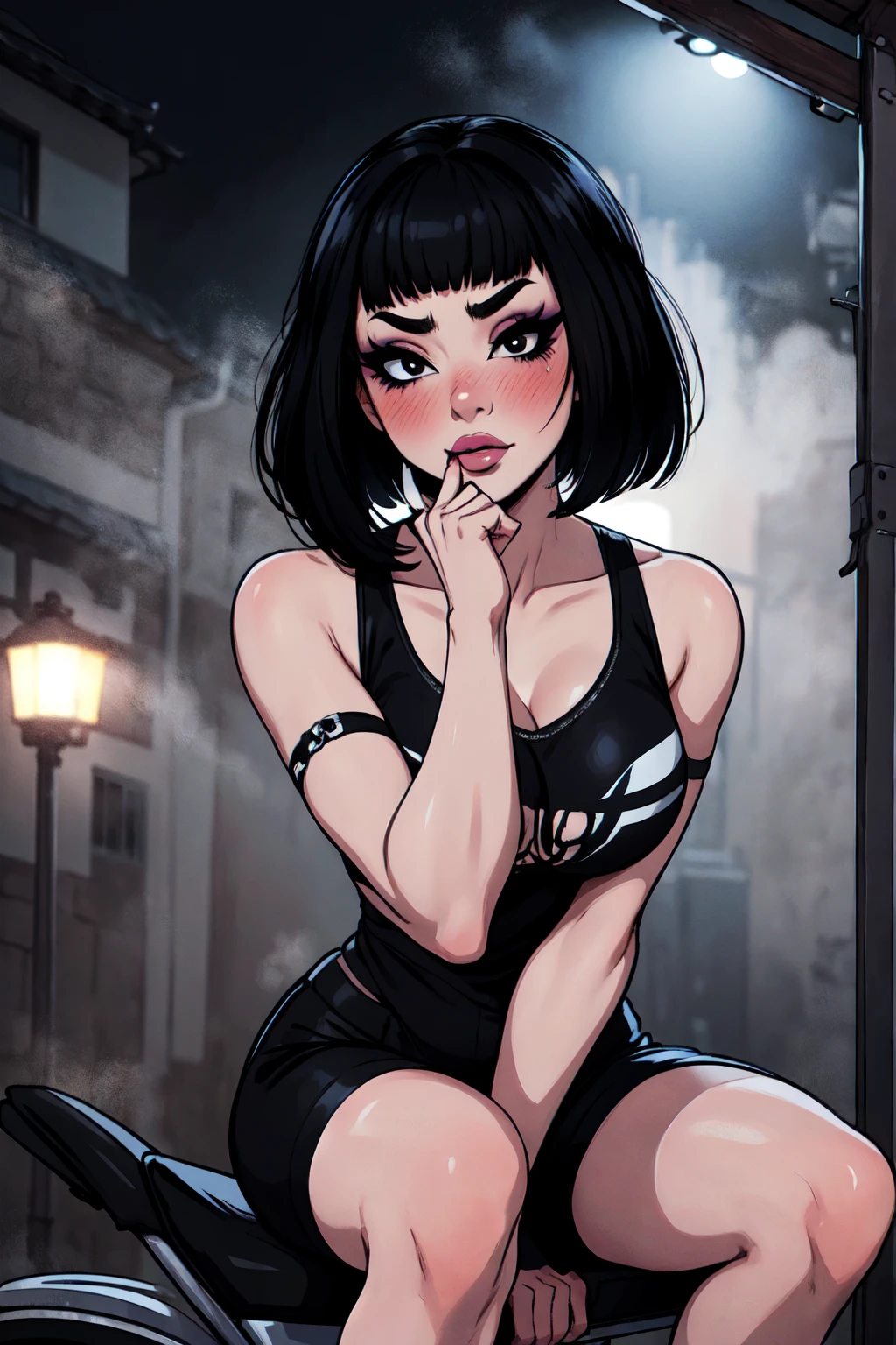 1girl, FengMin, solo, skinny, black eyes, asian eyes, eyeliner, looking at viewer, lips, black bob cut, blunt bangs, blush, , sitting on the motocicle, dinamic poses, whole body, face focus, outdoors, horror \(theme\), night, fog egirlmakeup,