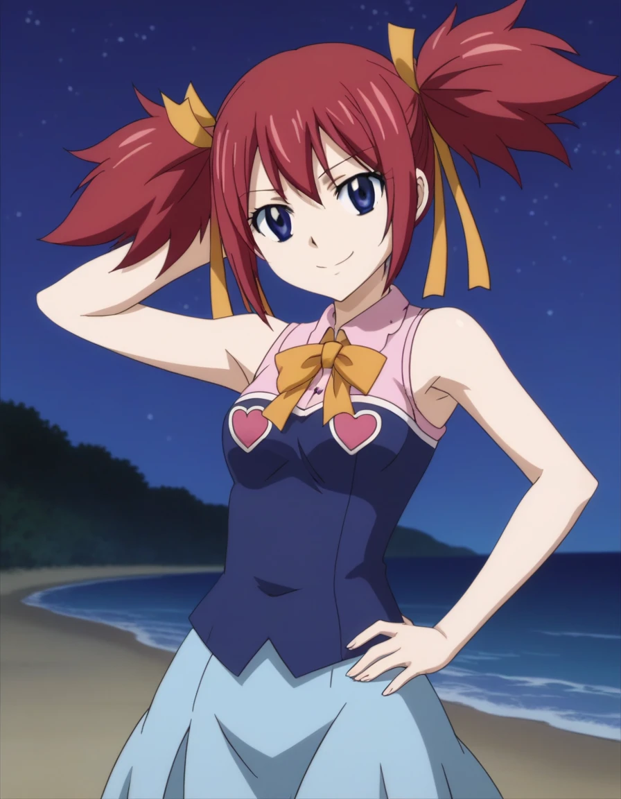chelia_blendy, source_anime, rating_safe, intricate details, anime screencap, anime coloring, 1girl, solo,  red hair, blue eyes, ribbon, hair ribbon, twintails, short twintails, looking at viewer, solo, contrapposto, spread armpit, arm behind head, hand on hip, smile, looking at viewer, (cowboy shot:1.5), closed mouth, night sky, beach, high quality,