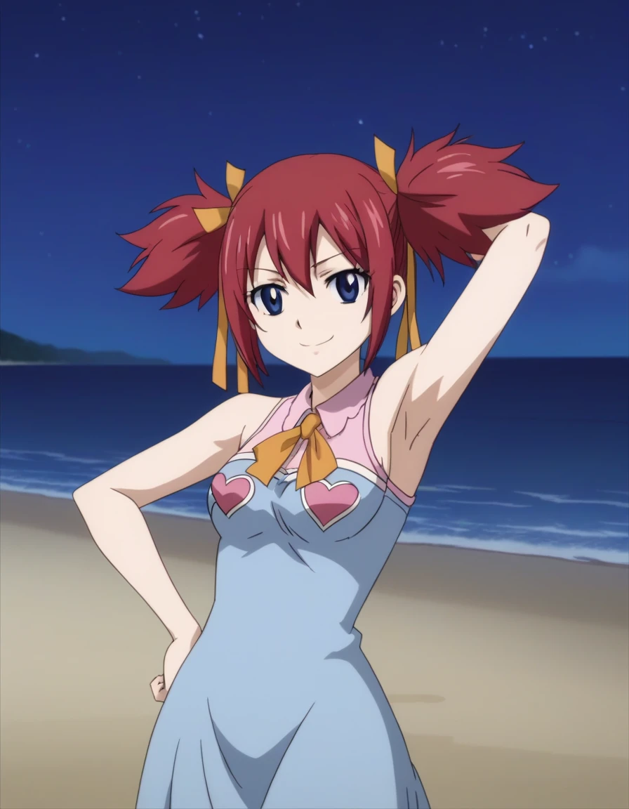 chelia_blendy, source_anime, rating_safe, intricate details, anime screencap, anime coloring, 1girl, solo,  red hair, blue eyes, ribbon, hair ribbon, twintails, short twintails, looking at viewer, solo, contrapposto, spread armpit, arm behind head, hand on hip, smile, looking at viewer, (cowboy shot:1.5), closed mouth, night sky, beach, high quality,