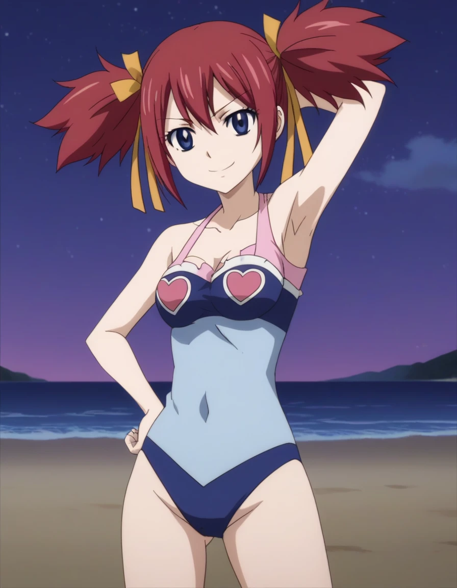 chelia_blendy, source_anime, rating_safe, intricate details, anime screencap, anime coloring, 1girl, solo,  red hair, blue eyes, ribbon, hair ribbon, twintails, short twintails, looking at viewer, solo, contrapposto, spread armpit, arm behind head, hand on hip, smile, looking at viewer, (cowboy shot:1.5), closed mouth, night sky, beach, high quality,