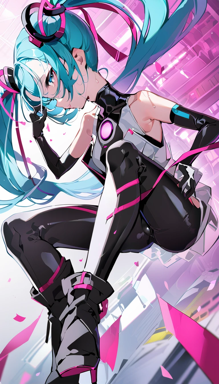 masterpiece, Highest quality, One girl, alone, Long Hair, hatsune miku, Twin tails, very Long Hair, bodysuit, Blue Hair, gloves,boots， whole body, blue eyes, floating, View your viewers, hair ornaments,  black gloves, Multicolored Hair, Facial blemishes, Sleeveless Dress, flower, Part your lips, absurdly Long Hair, elbow gloves, White Dress, Hair between the eyes, Browsing Caution,Heart-shaped pupils,orgasm, Beautiful ass,Sweat,(Urinating)
