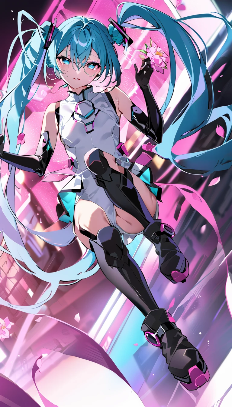 masterpiece, Highest quality, One girl, alone, Long Hair, hatsune miku, Twin tails, very Long Hair, bodysuit, Blue Hair, gloves,boots， whole body, blue eyes, floating, View your viewers, hair ornaments,  black gloves, Multicolored Hair, Facial blemishes, Sleeveless Dress, flower, Part your lips, absurdly Long Hair, elbow gloves, White Dress, Hair between the eyes, Browsing Caution,Heart-shaped pupils,orgasm, Beautiful ass,Sweat,(Urinating)
