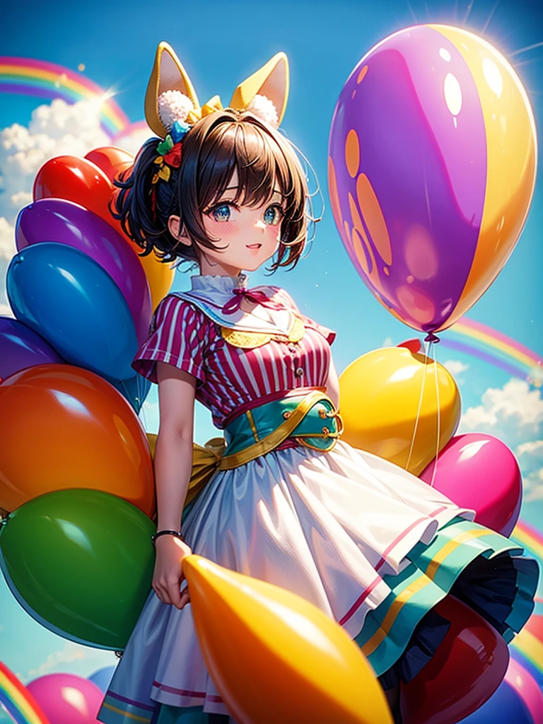 Highest quality,Highest Resolution,Cute mascot costume and parent and  holding balloons,Rainbow background,