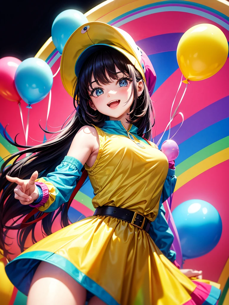 Highest quality,Highest Resolution,Cute mascot costume and parent and  holding balloons,Rainbow background,