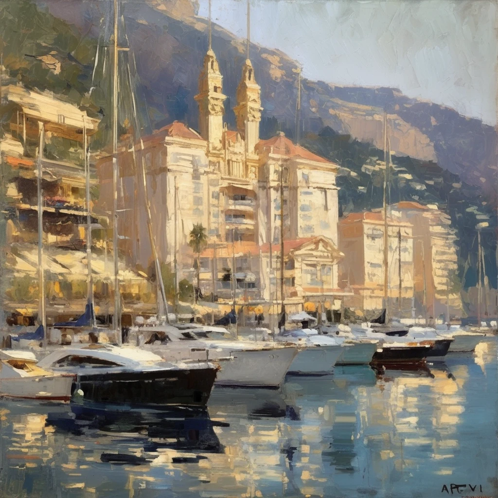 Konstantin Korovin Style - oil painting of a beautiful yacht haven in monaco. Muted colors. Artwork by Abbott Handerson Thayer.