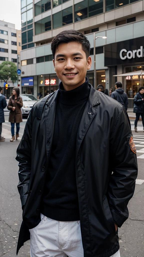asian man smile peace background is city